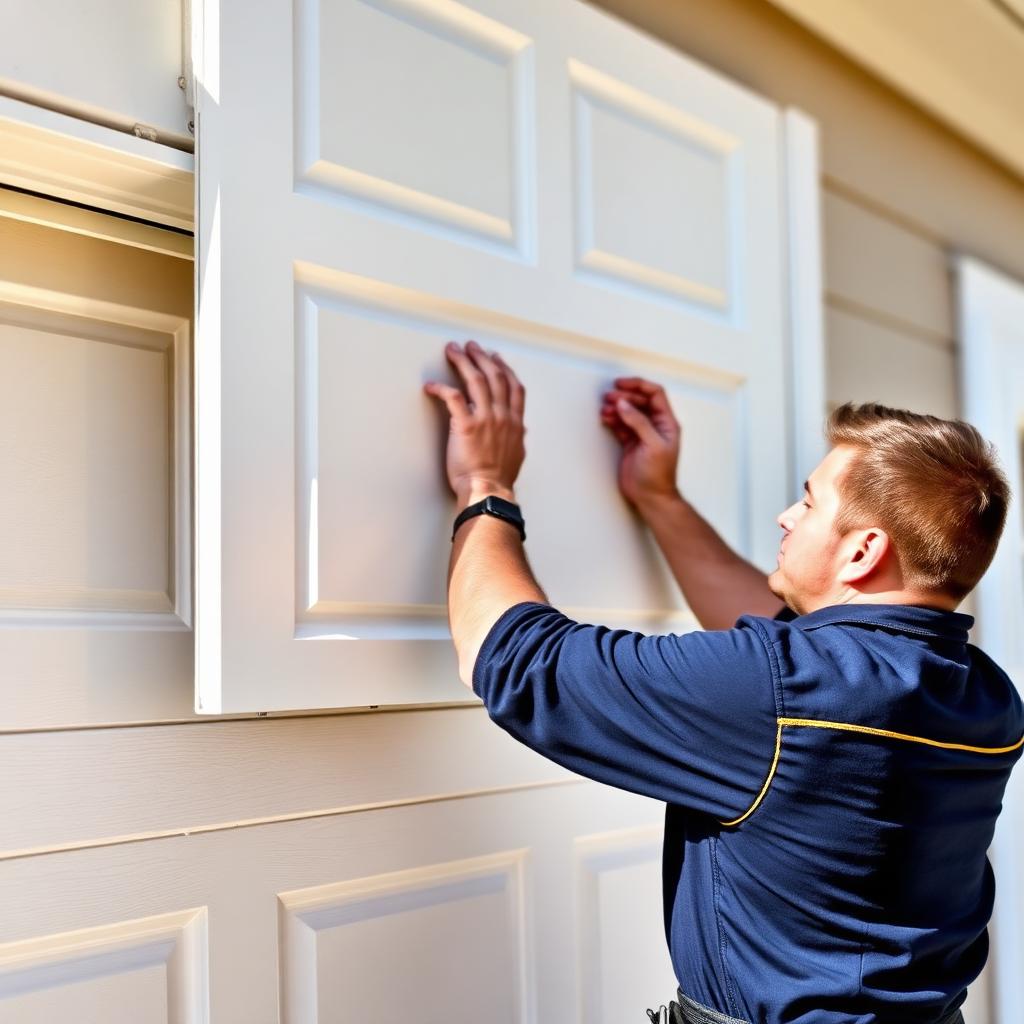 New garage door installation in Maiden, NC — technician installing a modern garage door panel